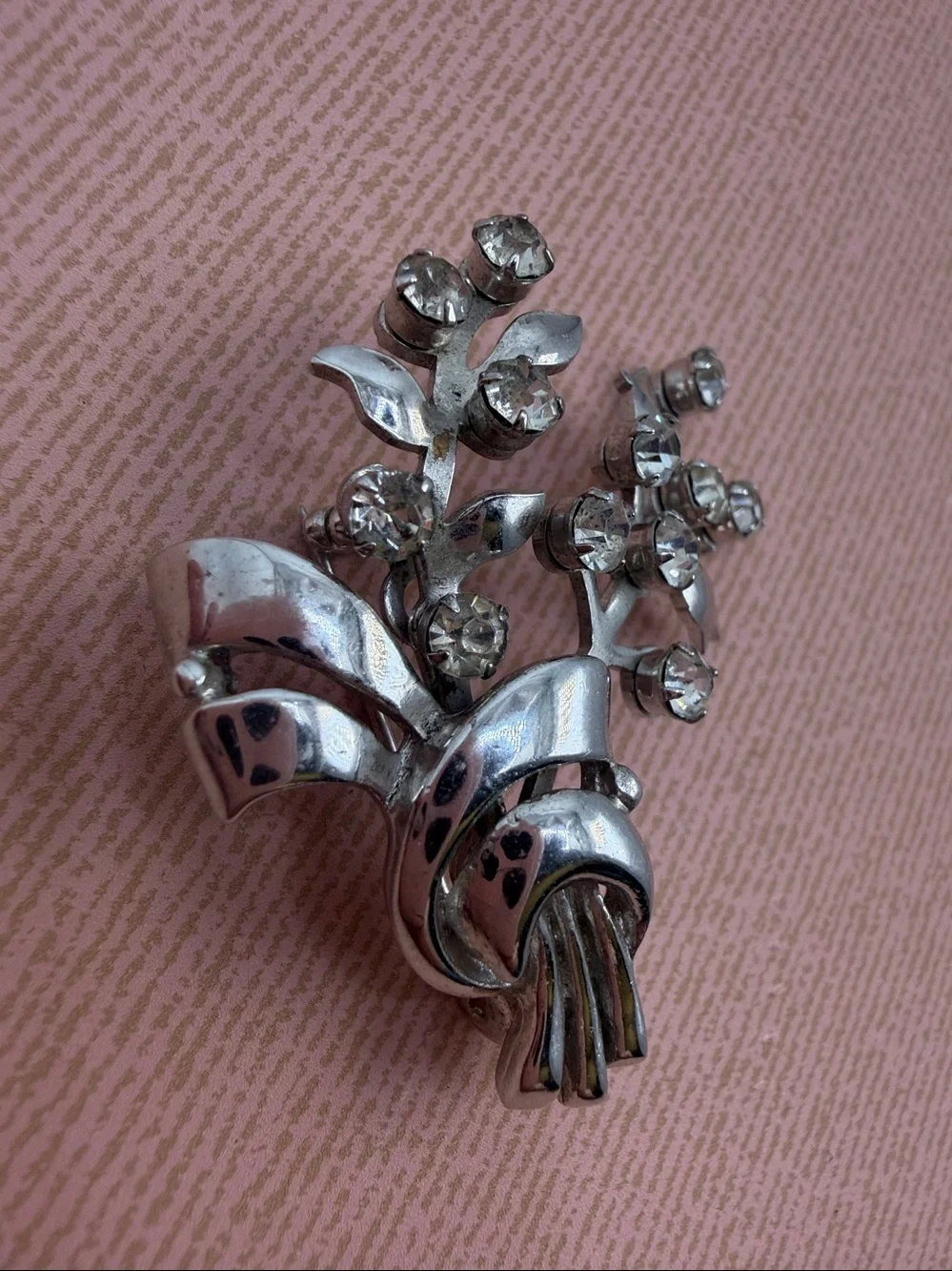 Vintage Karu‎ Rhinestone Floral Spray Brooch Silver Tone Bouquet Pin Mid Century